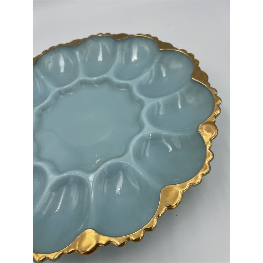 Vintage Anchor Hocking Delphite Blue Milk Glass Deviled Egg Plate Gold Trim 10” - Picture 3 of 6